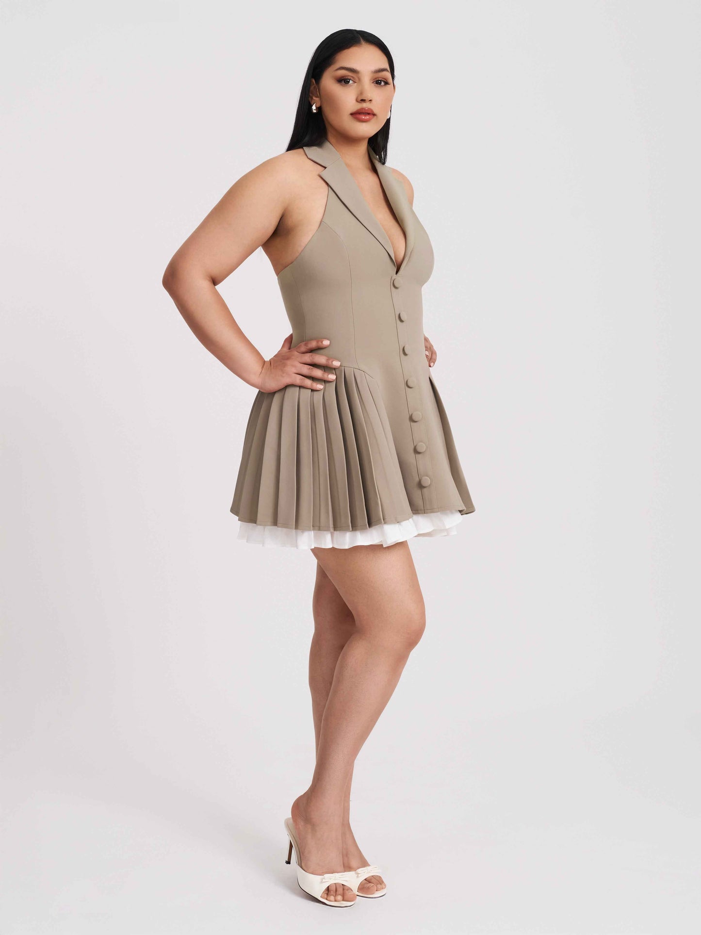 Hazel Brown Preppy Halter Neck Pleated Mini Dress