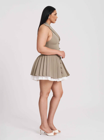 Hazel Brown Preppy Halter Neck Pleated Mini Dress