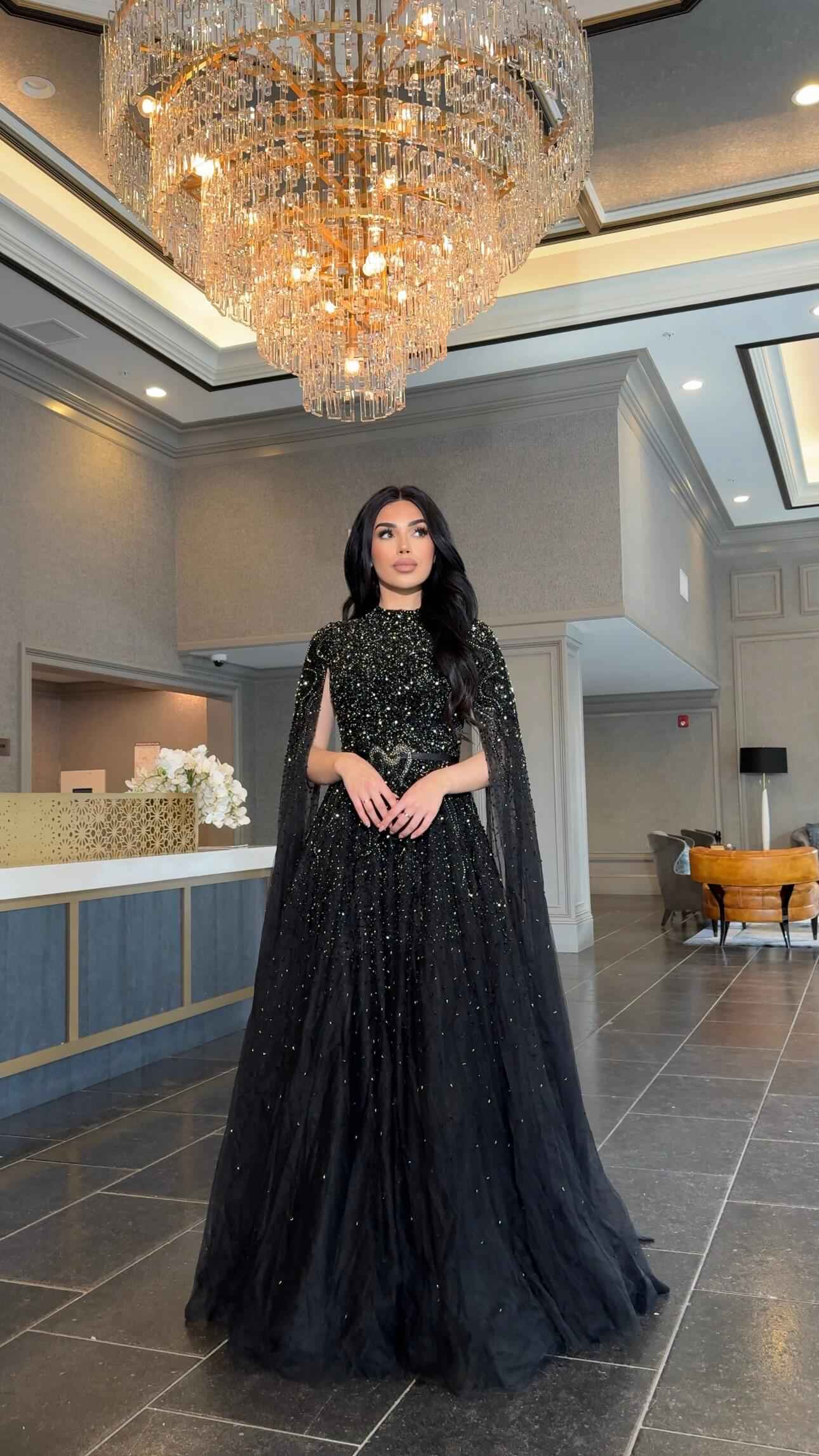 Noor Modest Long Drape Sleeves Beaded A-line Gown