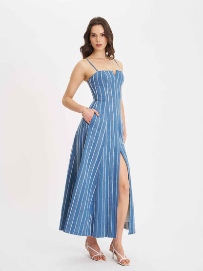 Abygail Stripe Cotton Denim Maxi Dress