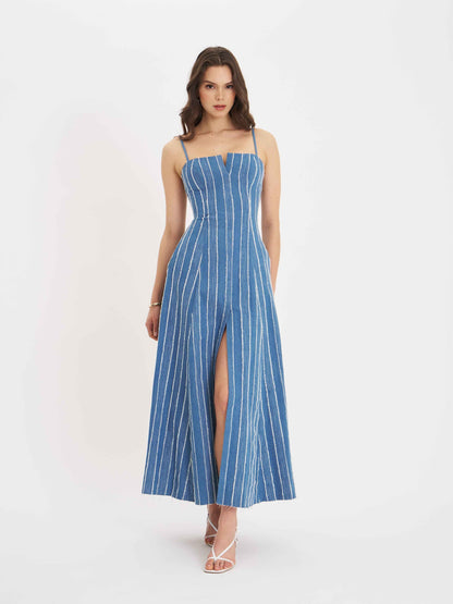 Abygail Stripe Cotton Denim Maxi Dress