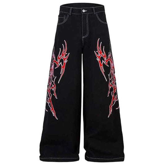 Flame Embroidery Straight Leg Pants