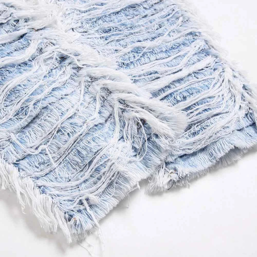 Light Blue Fringe Destroyed Pants