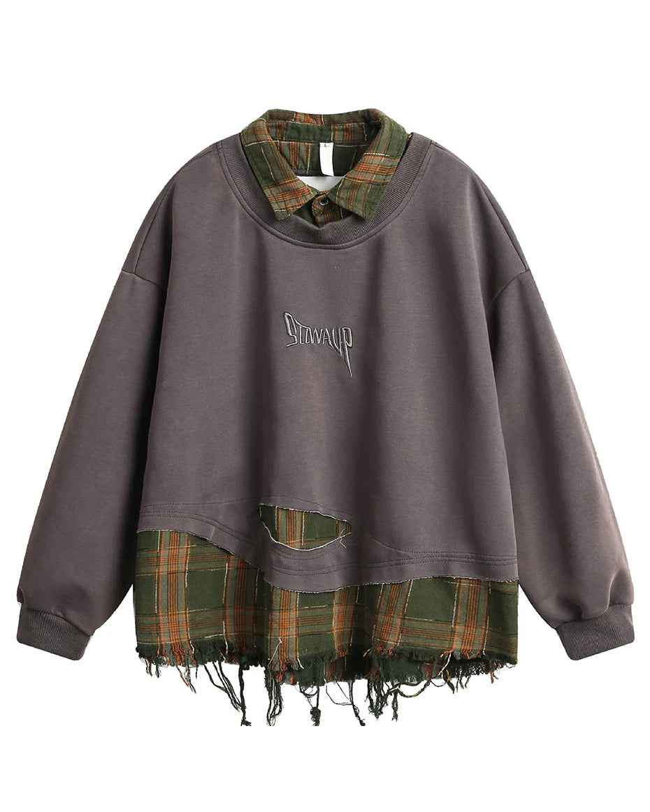 False Two Pieces Plaid Pullover Sweatshirt