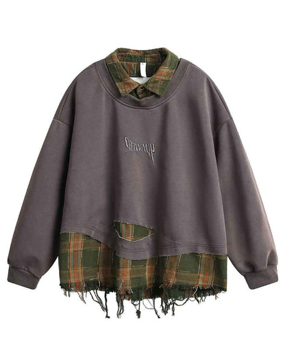 False Two Pieces Plaid Pullover Sweatshirt