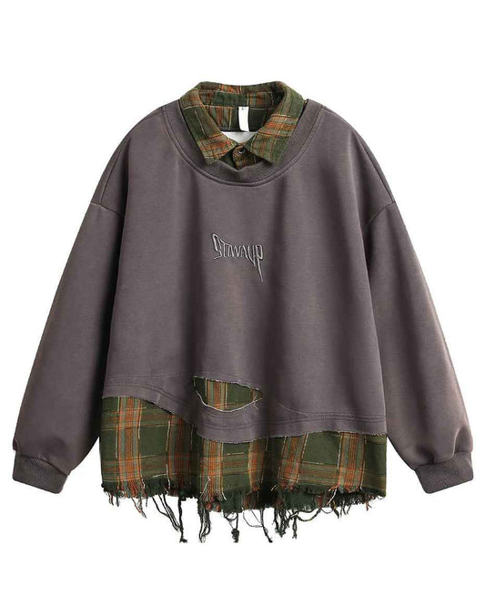 False Two Pieces Plaid Pullover Sweatshirt