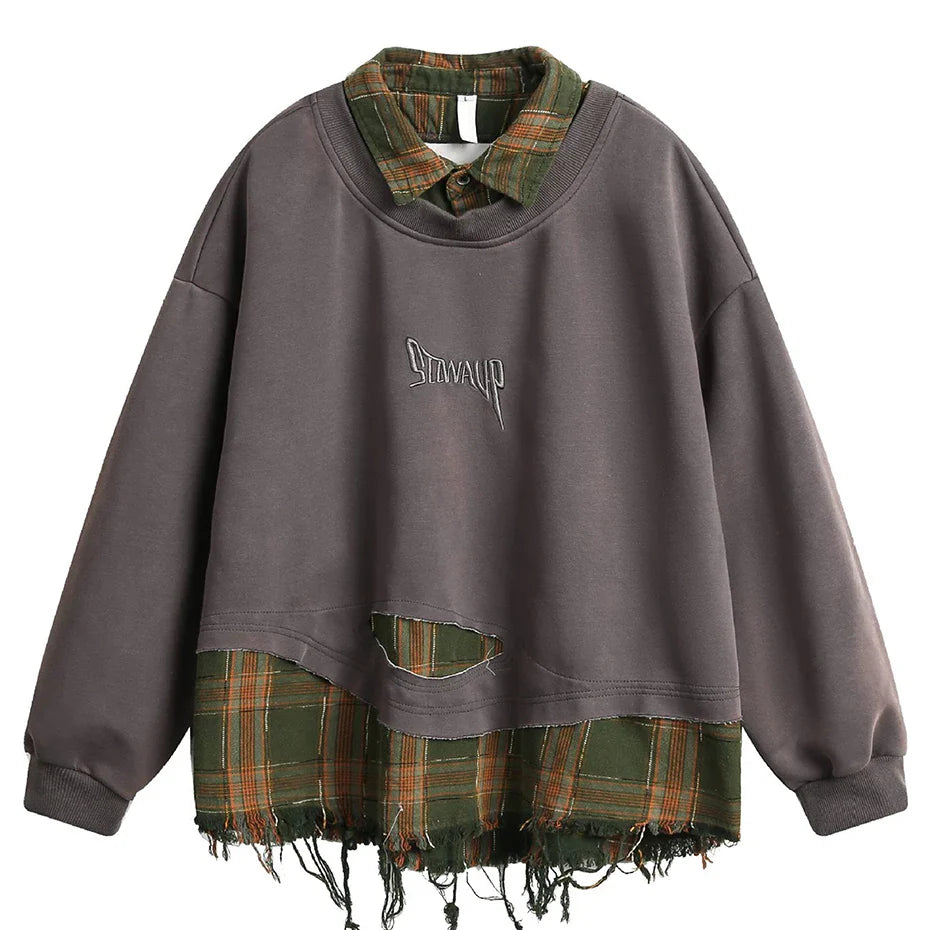 False Two Pieces Plaid Pullover Sweatshirt - Sneakernational