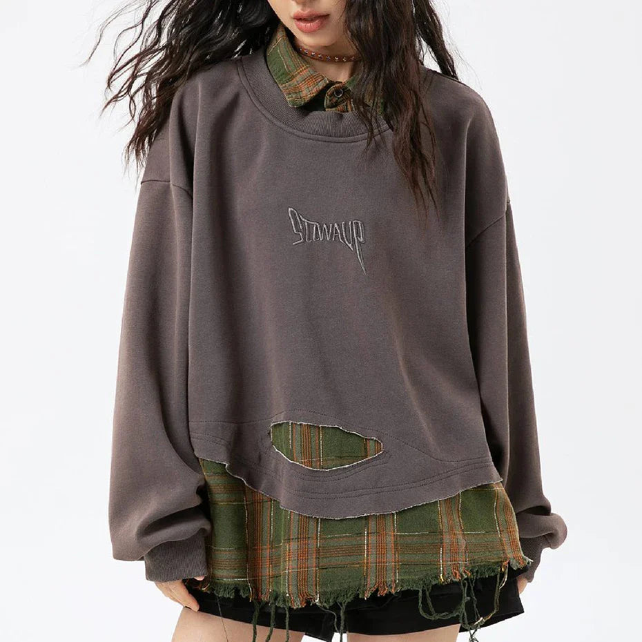 False Two Pieces Plaid Pullover Sweatshirt - Sneakernational