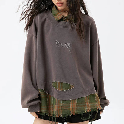 False Two Pieces Plaid Pullover Sweatshirt - Sneakernational
