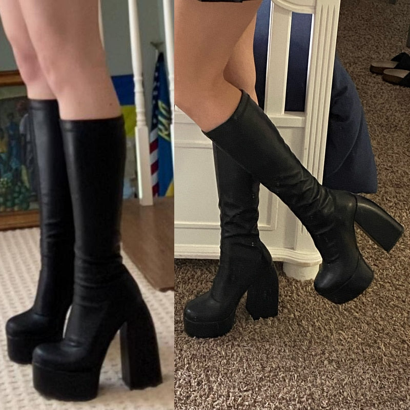 DAENE Knee-High Platform Heel Boots - Sneakernational