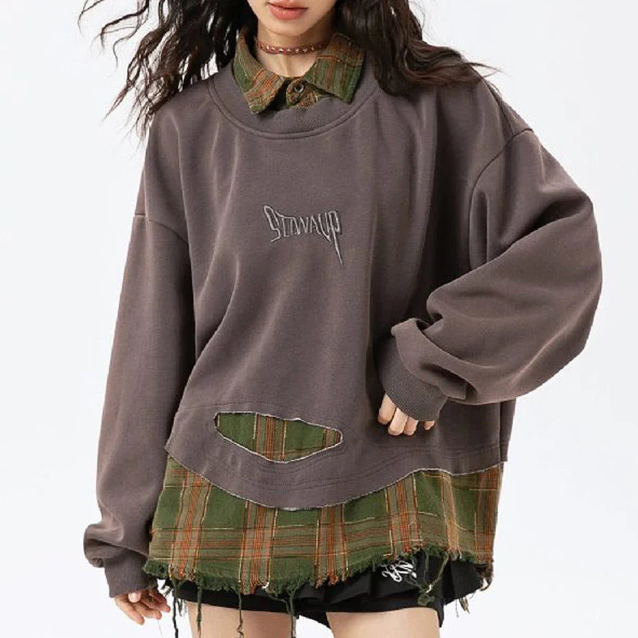 False Two Pieces Plaid Pullover Sweatshirt - Sneakernational