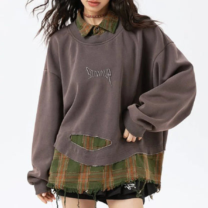 False Two Pieces Plaid Pullover Sweatshirt - Sneakernational