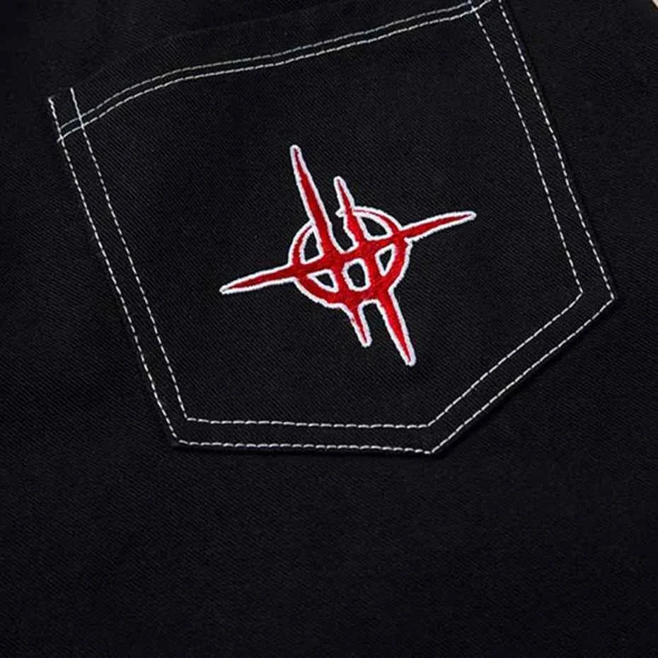 Flame Embroidery Straight Leg Pants