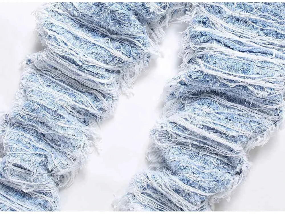 Light Blue Fringe Destroyed Pants