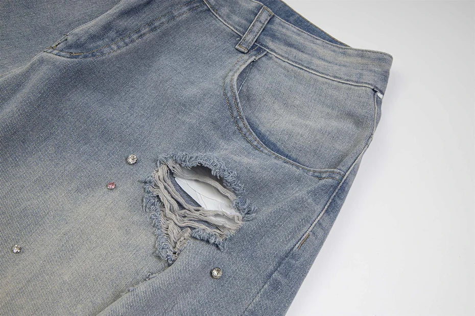 Rhinestone Denim Ripped Shorts - Sneakernational