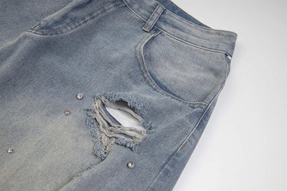Rhinestone Denim Ripped Shorts - Sneakernational