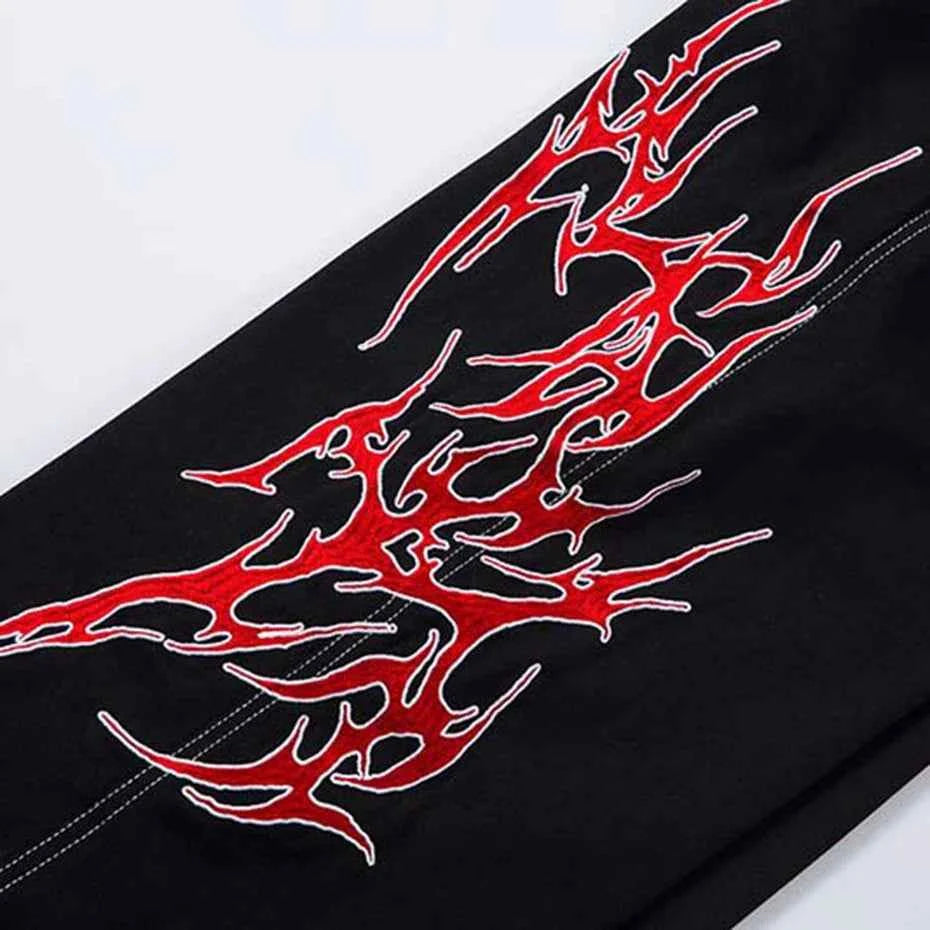 Flame Embroidery Straight Leg Pants