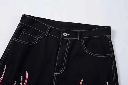 Flame Embroidery Straight Leg Pants