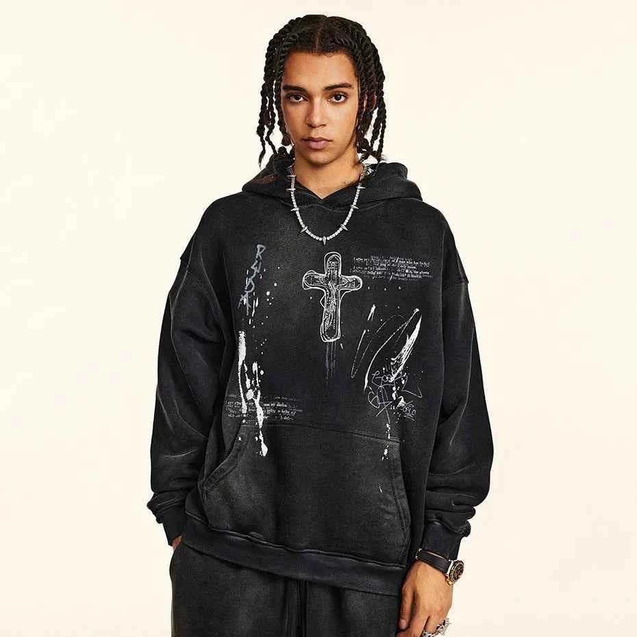 Crucifix Cross Graphic Pullover Hoodie