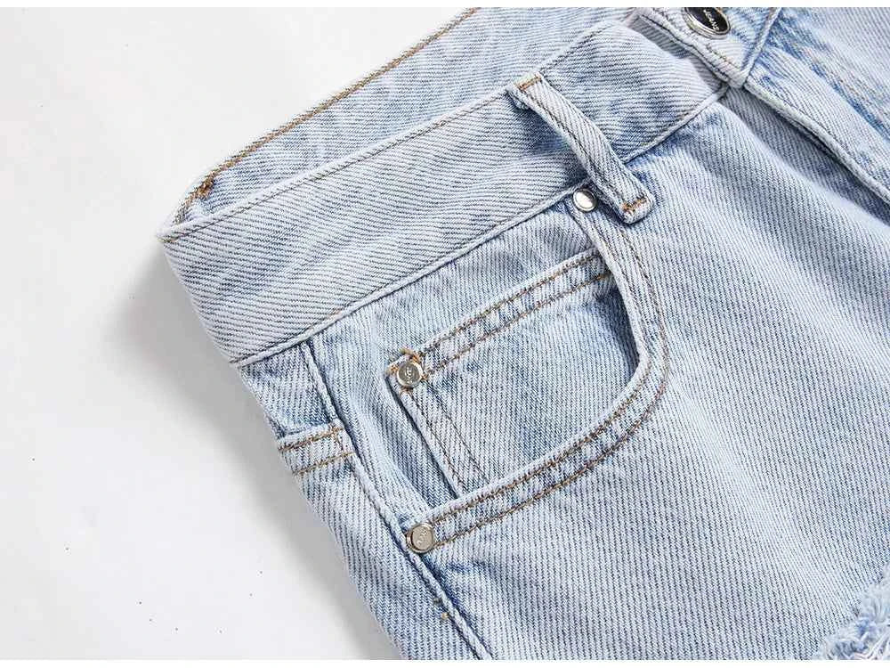 Light Blue Fringe Destroyed Pants