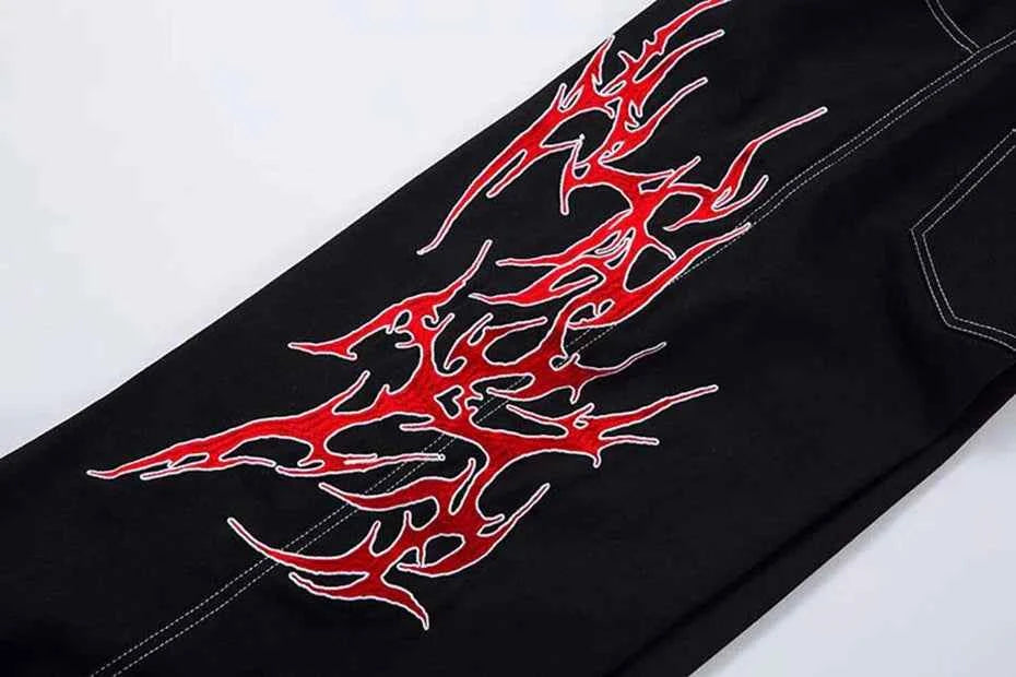 Flame Embroidery Straight Leg Pants