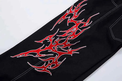 Flame Embroidery Straight Leg Pants