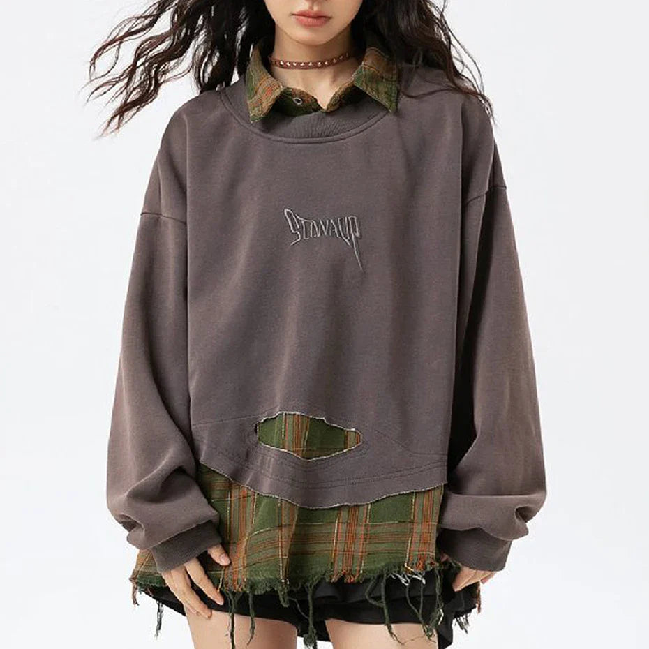False Two Pieces Plaid Pullover Sweatshirt - Sneakernational