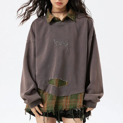 False Two Pieces Plaid Pullover Sweatshirt - Sneakernational
