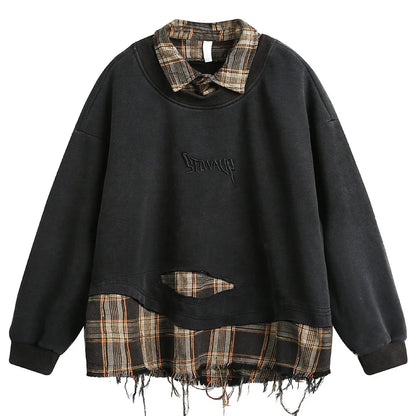 False Two Pieces Plaid Pullover Sweatshirt - Sneakernational
