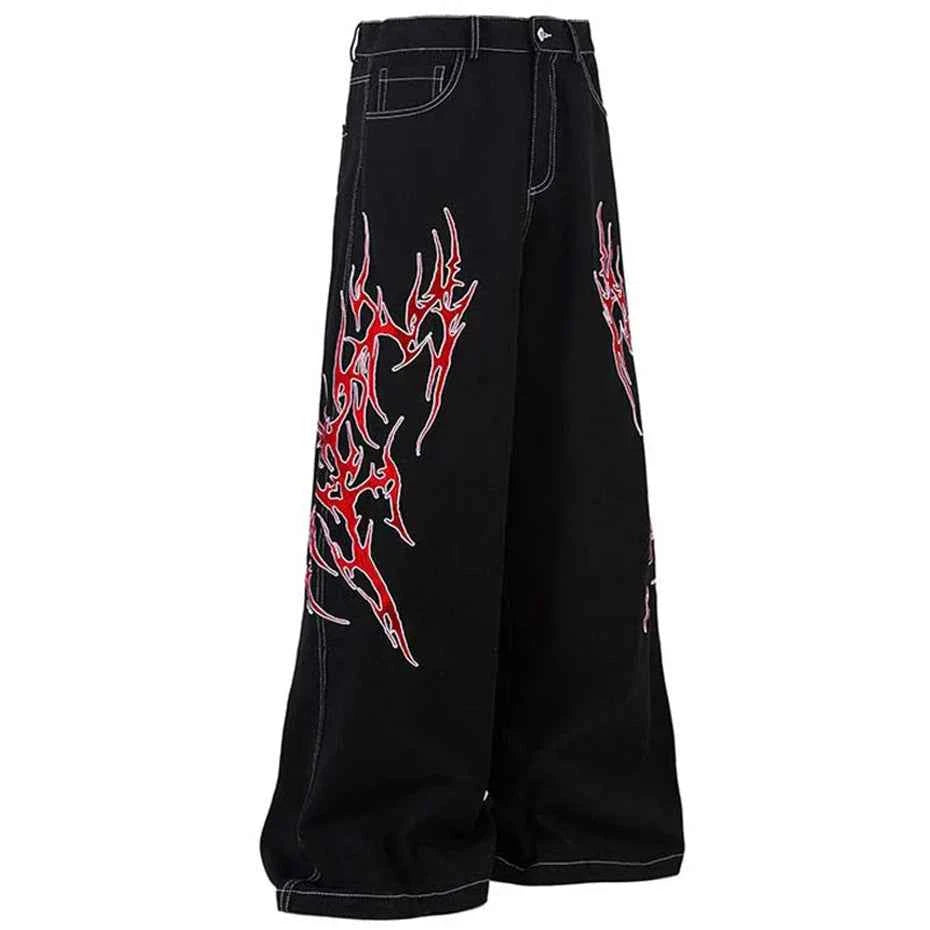 Flame Embroidery Straight Leg Pants