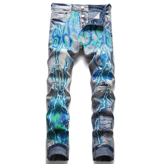 SAVAGE Letters Lightning Ripped Pants