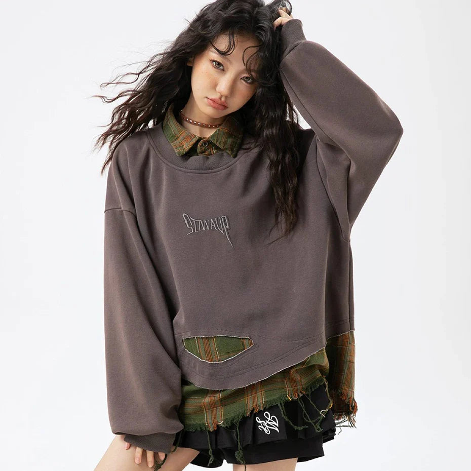 False Two Pieces Plaid Pullover Sweatshirt - Sneakernational