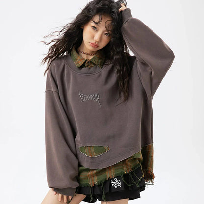 False Two Pieces Plaid Pullover Sweatshirt - Sneakernational