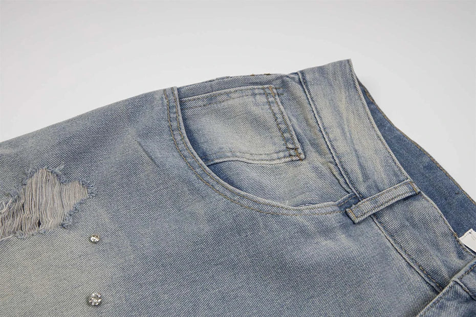 Rhinestone Denim Ripped Shorts - Sneakernational