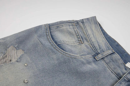 Rhinestone Denim Ripped Shorts - Sneakernational