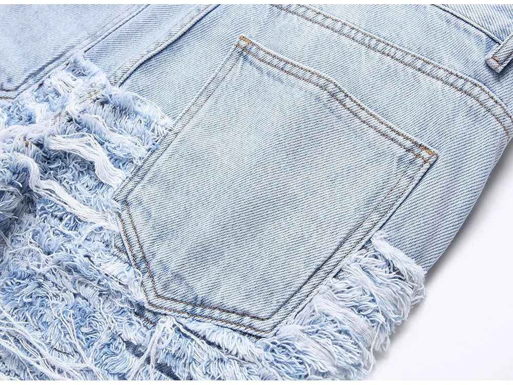 Light Blue Fringe Destroyed Pants