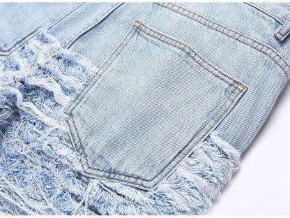 Light Blue Fringe Destroyed Pants