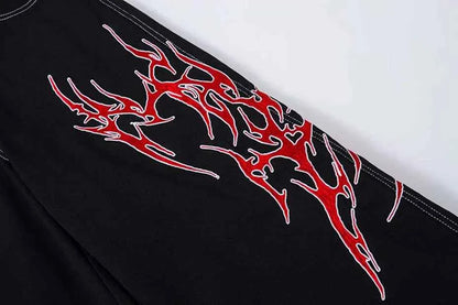 Flame Embroidery Straight Leg Pants