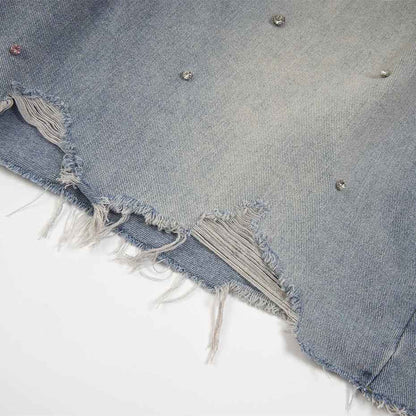 Rhinestone Denim Ripped Shorts