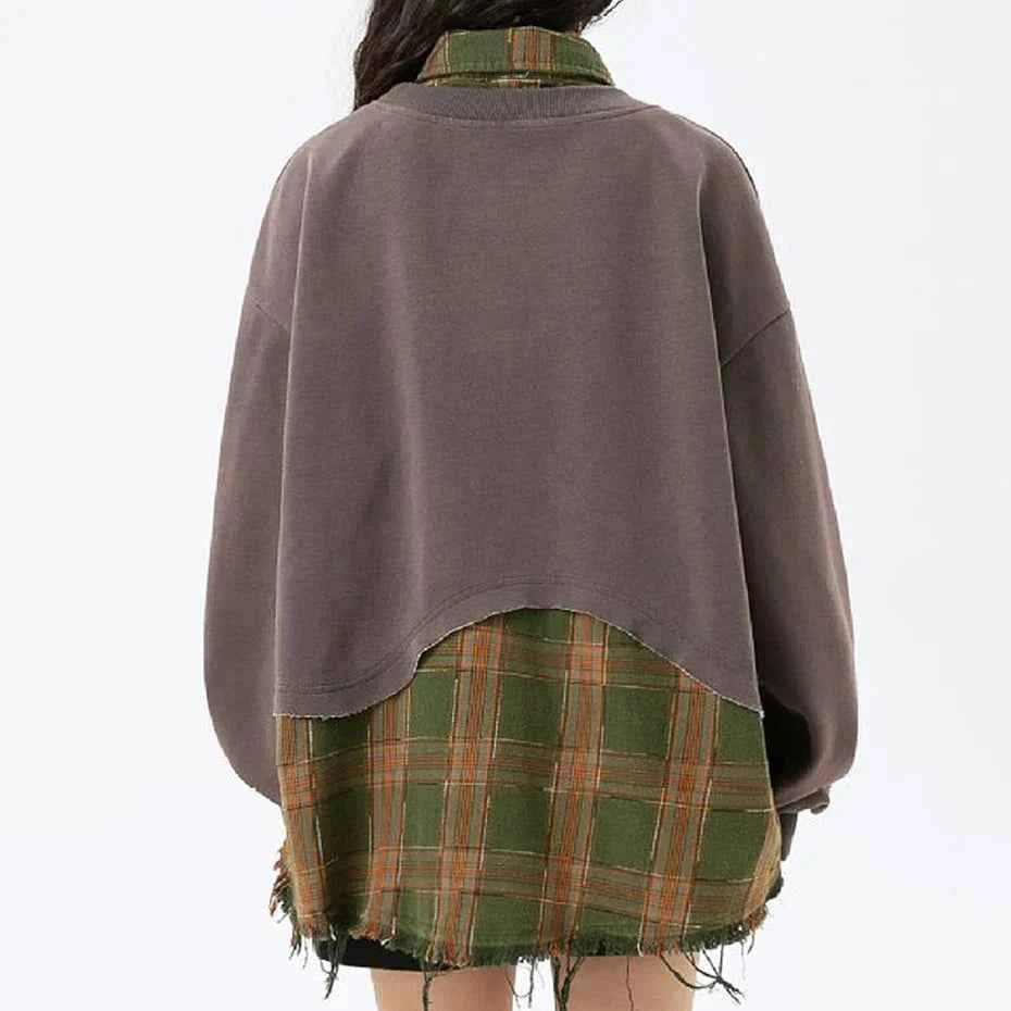 False Two Pieces Plaid Pullover Sweatshirt
