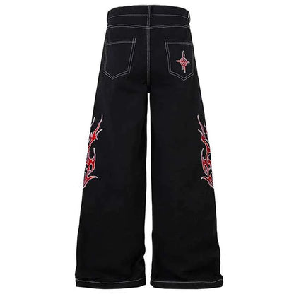 Flame Embroidery Straight Leg Pants