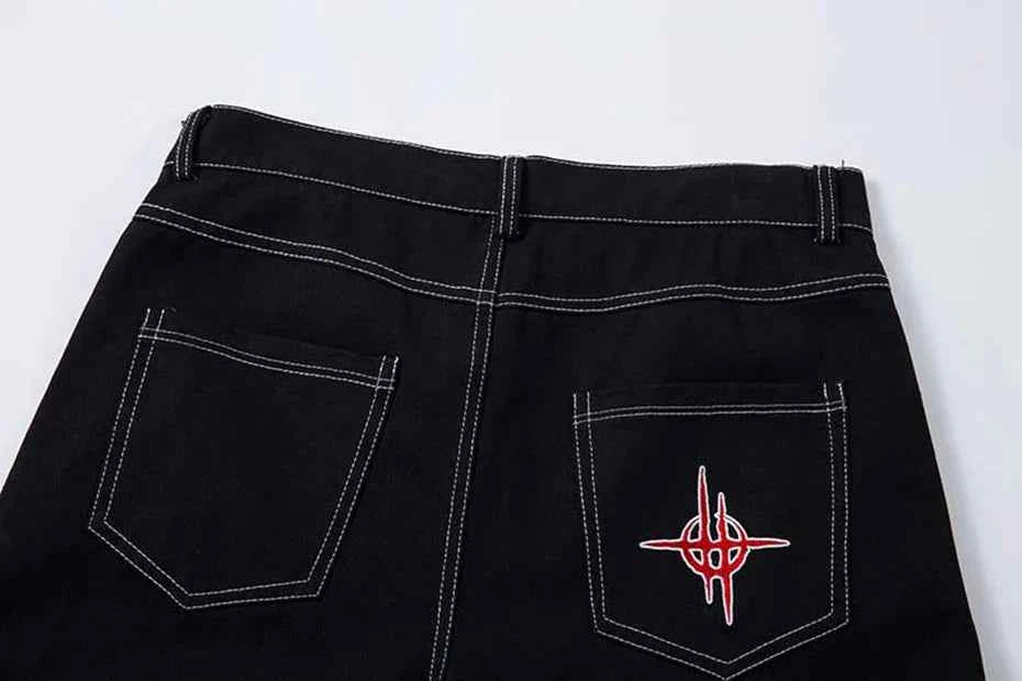 Flame Embroidery Straight Leg Pants