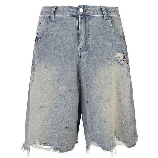 Rhinestone Denim Ripped Shorts