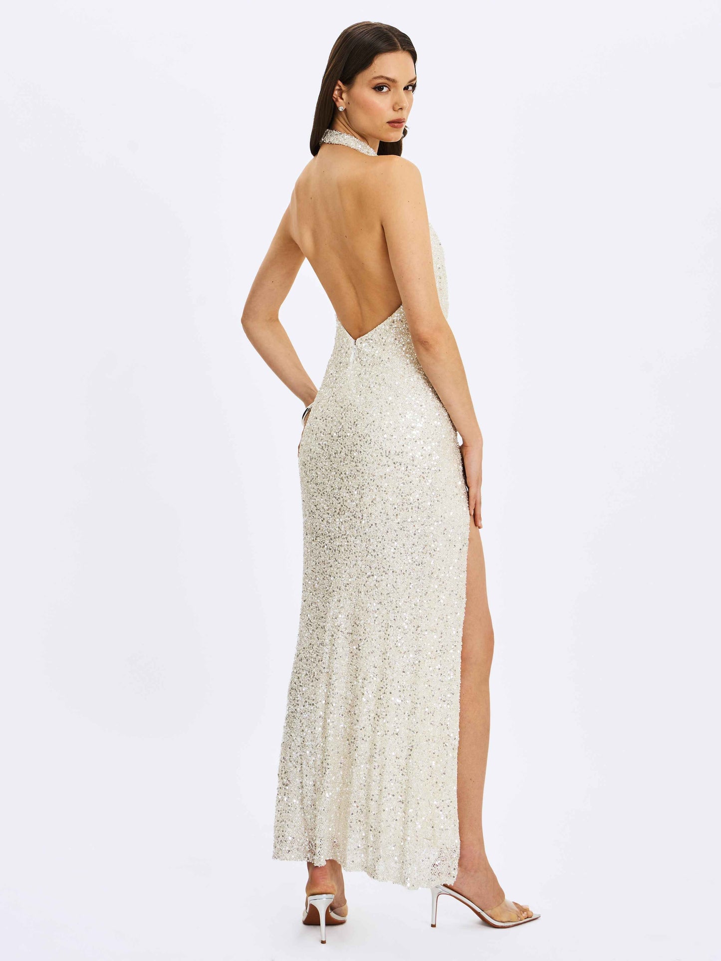 Niamh Golden Beaded Cowl Halter Backless Maxi Dress