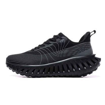 Swag Chic black sneakers with futuristic sole design and sleek striped upper for stylish comfort