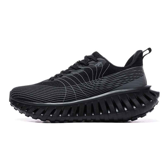 Swag Chic black sneakers with futuristic sole design and sleek striped upper for stylish comfort