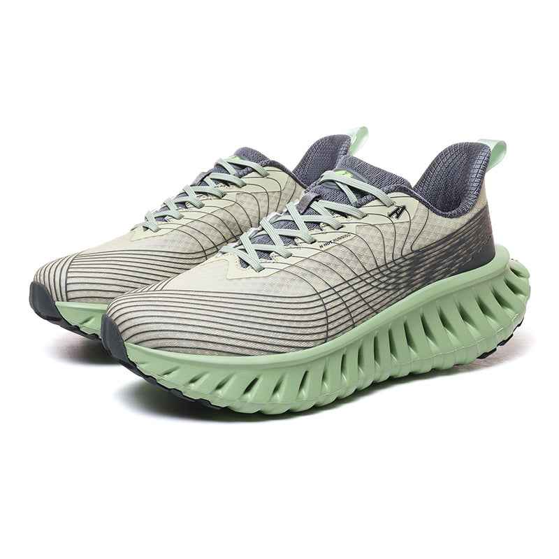 Swag Chic sneakers with unique green ventilated sole and light gray upper featuring black line patterns