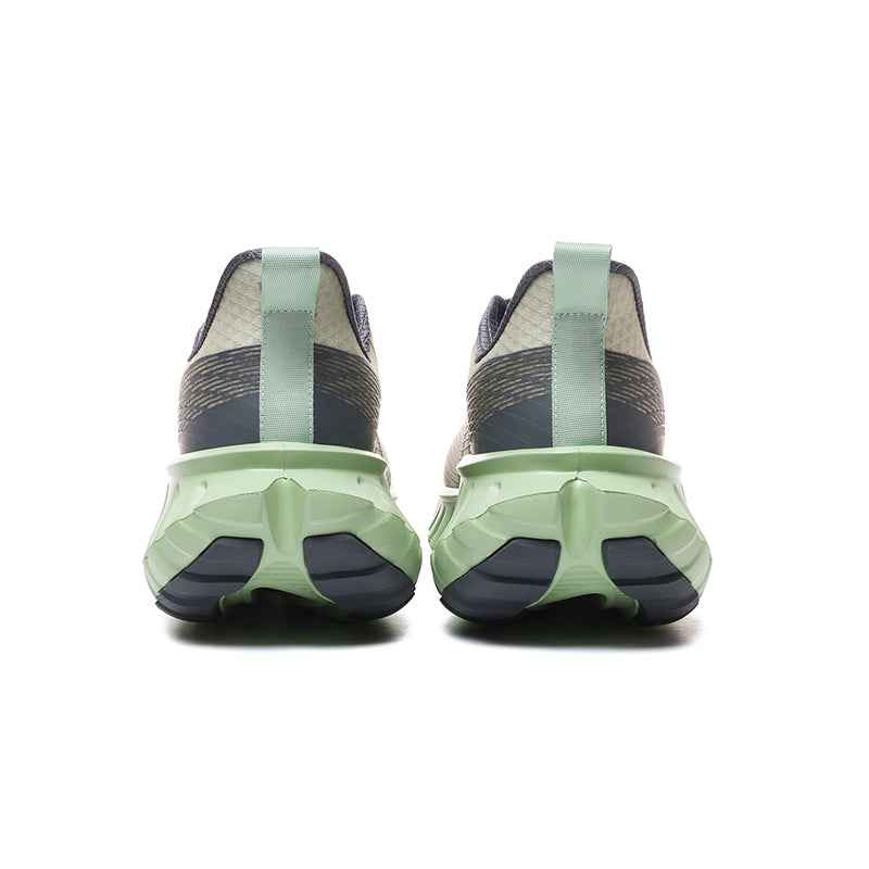 Rear view of Swag Chic sneakers with green and black sole and fabric upper