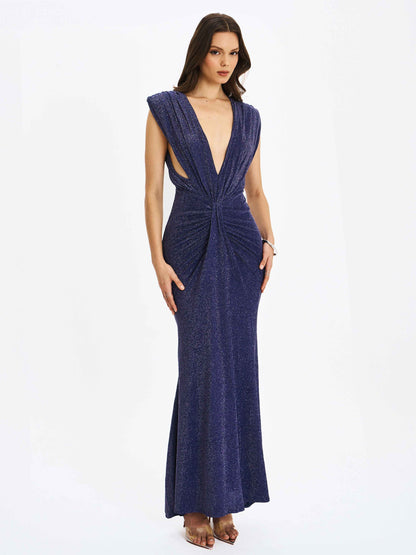 Terri Navy Sparkle Plunging Backless Maxi Dress